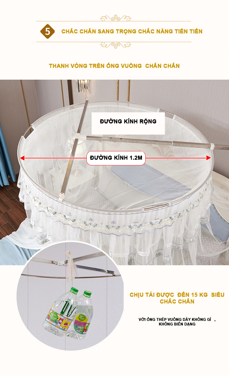 Màn tròn đa năng không khoan tường sử dụng được giường từ 1m đến 2.2m